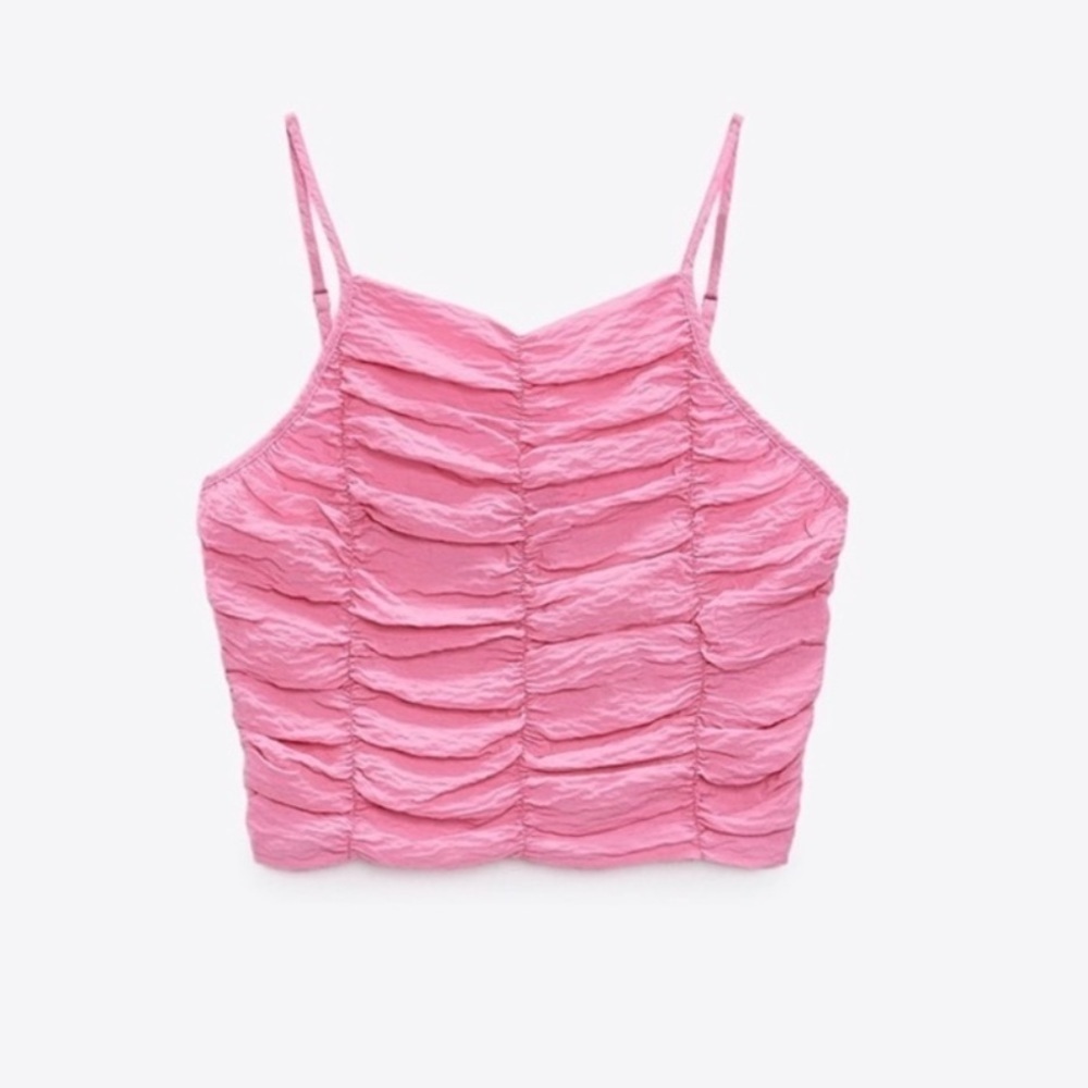 Zara Pink Draped Ruched High Neck Crop Top NWT